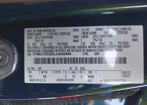 2020 Ford Escape Titanium Hybrid from USA, damaged, VIN 1FMCU0DZ8LUA05594